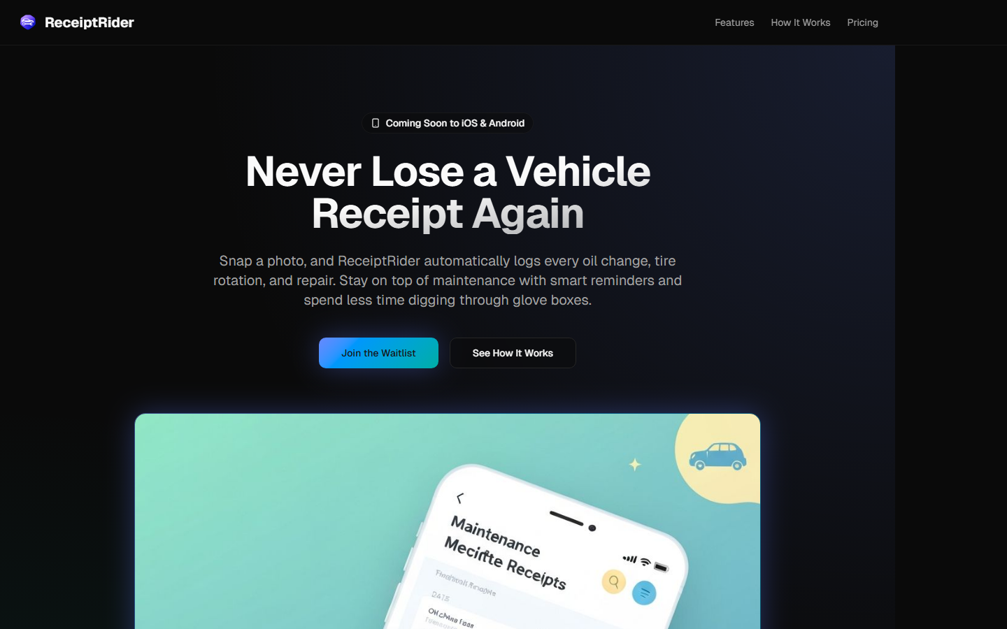 ReceiptRider landing page with scan receipts tagline