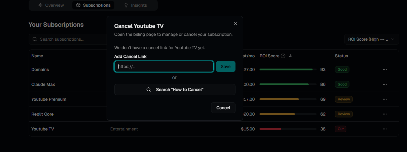 Subscription detail view with cancellation options